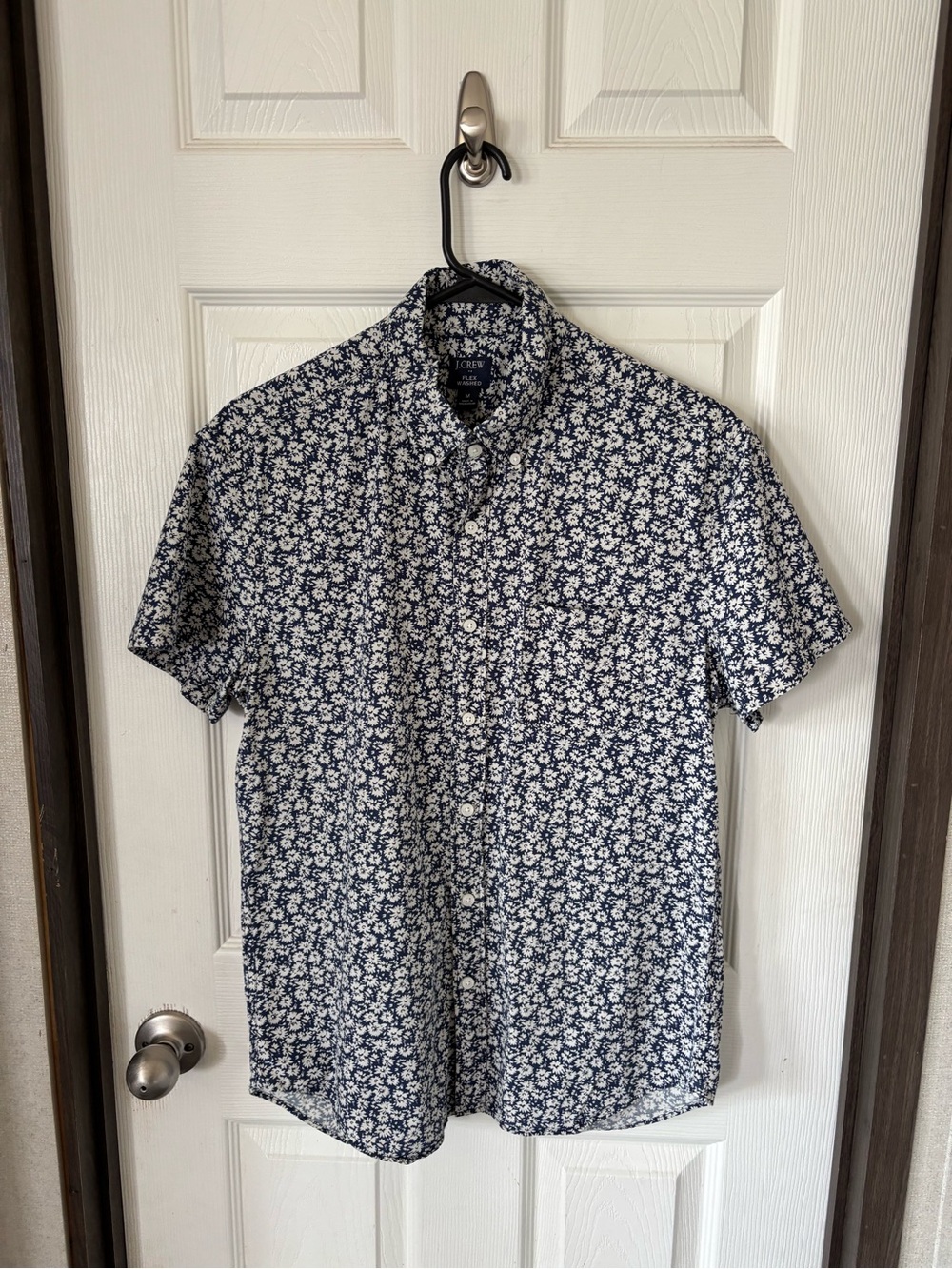 J. Crew Navy and White Floral Short-Sleeve Button-Down Shirt